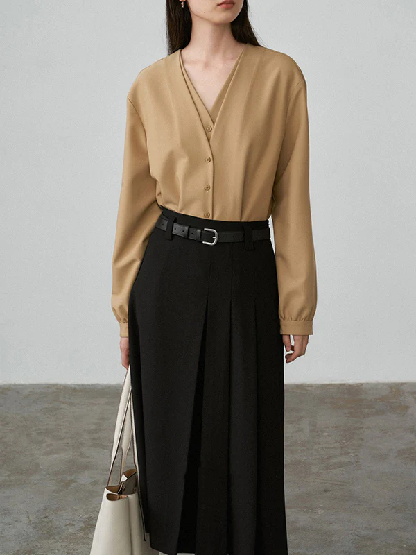 False Two Long Sleeves Buttoned Solid Color V-Neck Blouses&Shirts Tops - Image 10