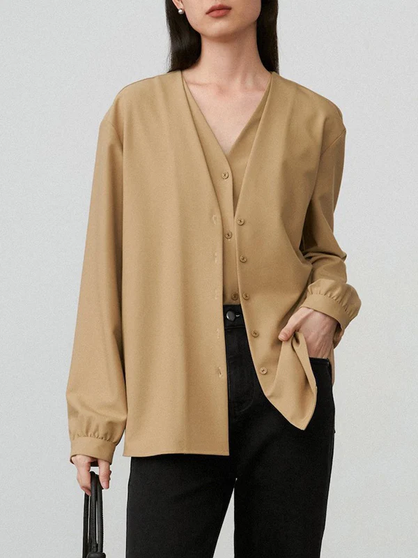 False Two Long Sleeves Buttoned Solid Color V-Neck Blouses&Shirts Tops - Image 11