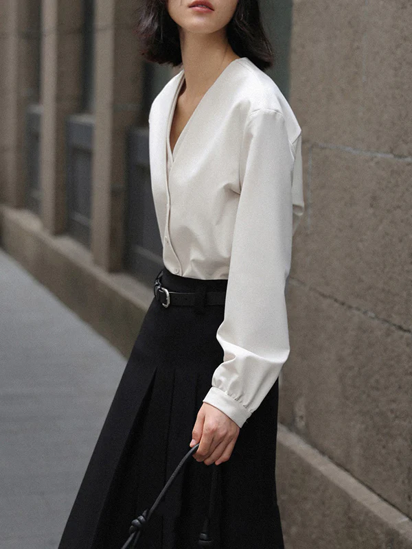 False Two Long Sleeves Buttoned Solid Color V-Neck Blouses&Shirts Tops - Image 13