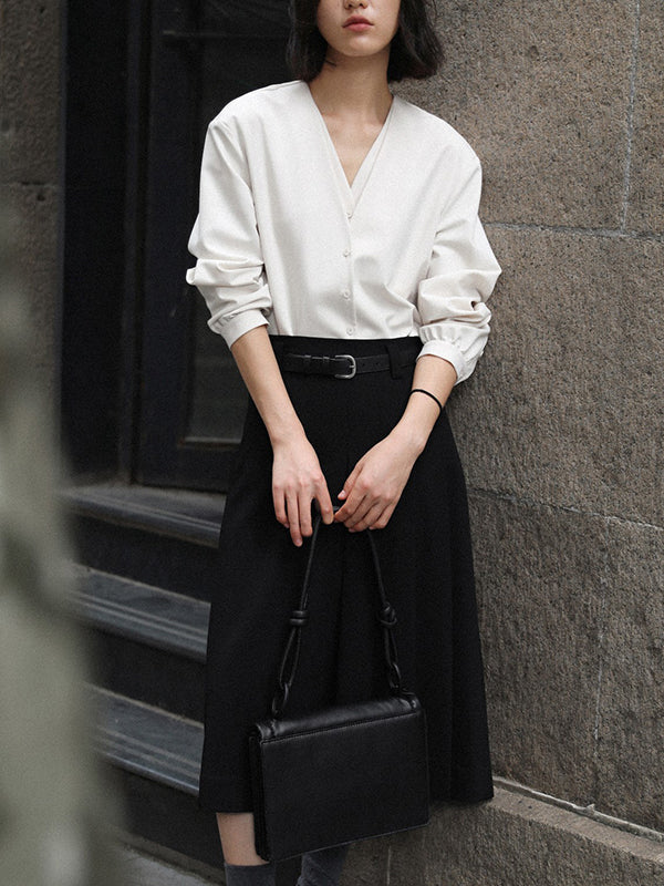 False Two Long Sleeves Buttoned Solid Color V-Neck Blouses&Shirts Tops - Image 15
