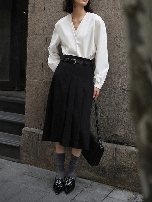 False Two Long Sleeves Buttoned Solid Color V-Neck Blouses&Shirts Tops - Image 16