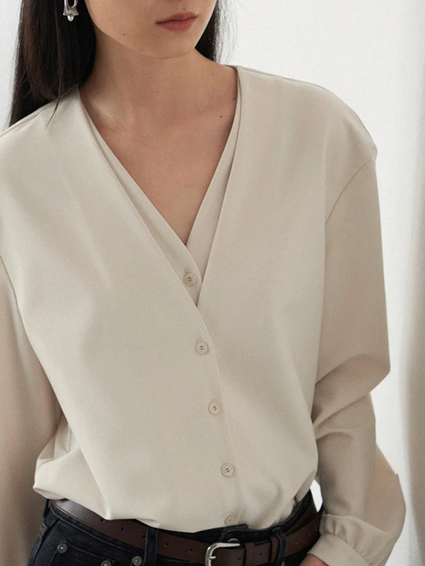 False Two Long Sleeves Buttoned Solid Color V-Neck Blouses&Shirts Tops - Image 17