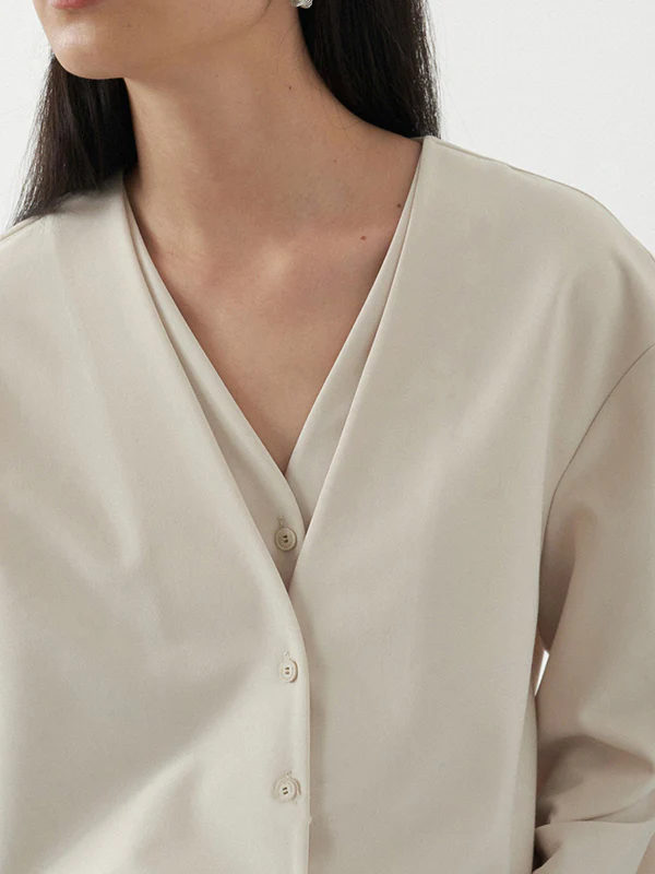 False Two Long Sleeves Buttoned Solid Color V-Neck Blouses&Shirts Tops - Image 18