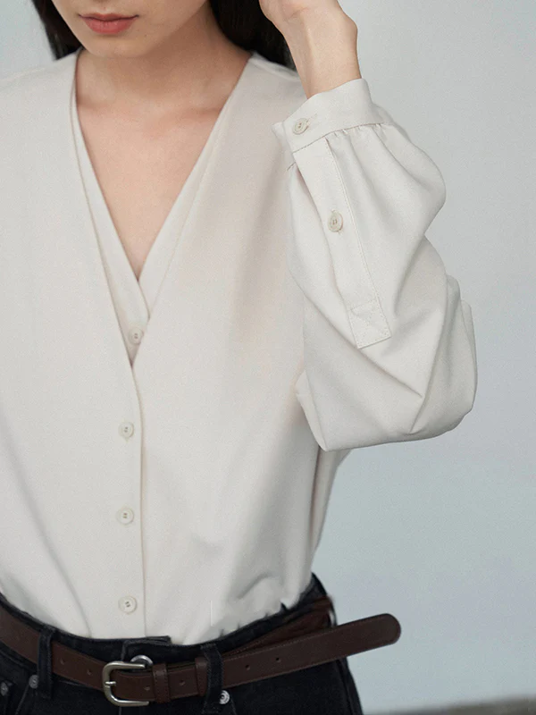 False Two Long Sleeves Buttoned Solid Color V-Neck Blouses&Shirts Tops - Image 19