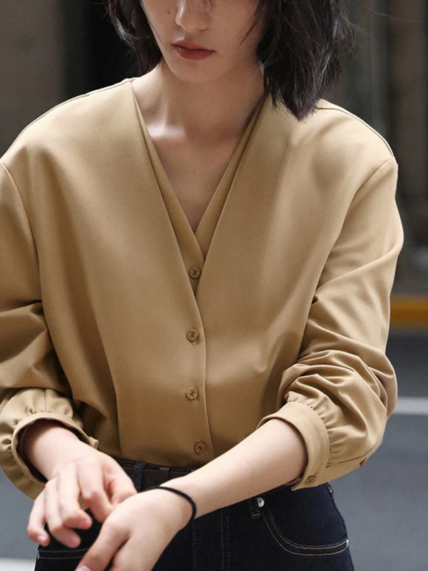 False Two Long Sleeves Buttoned Solid Color V-Neck Blouses&Shirts Tops - Image 2