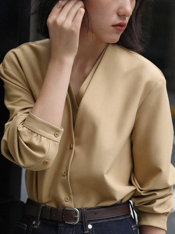 False Two Long Sleeves Buttoned Solid Color V-Neck Blouses&Shirts Tops - Image 3