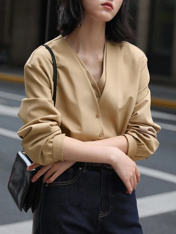 False Two Long Sleeves Buttoned Solid Color V-Neck Blouses&Shirts Tops - Image 5