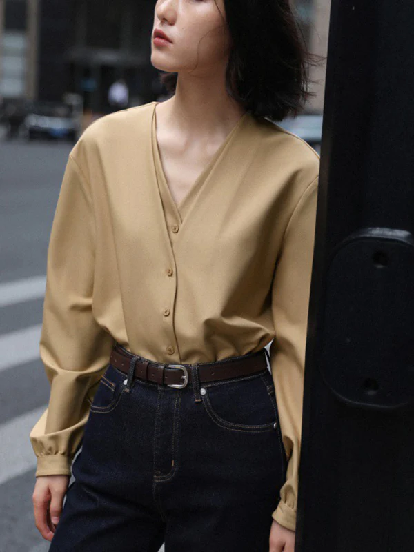 False Two Long Sleeves Buttoned Solid Color V-Neck Blouses&Shirts Tops - Image 6