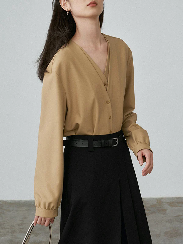 False Two Long Sleeves Buttoned Solid Color V-Neck Blouses&Shirts Tops - Image 7