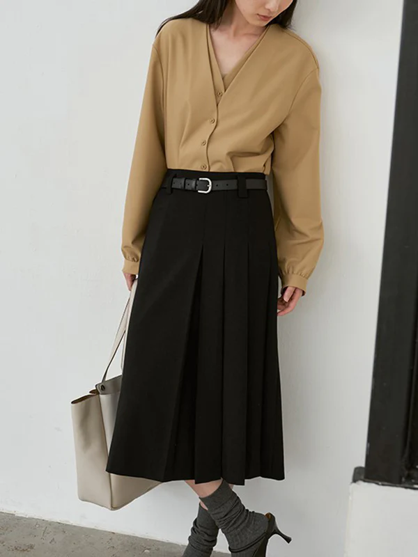 False Two Long Sleeves Buttoned Solid Color V-Neck Blouses&Shirts Tops - Image 8