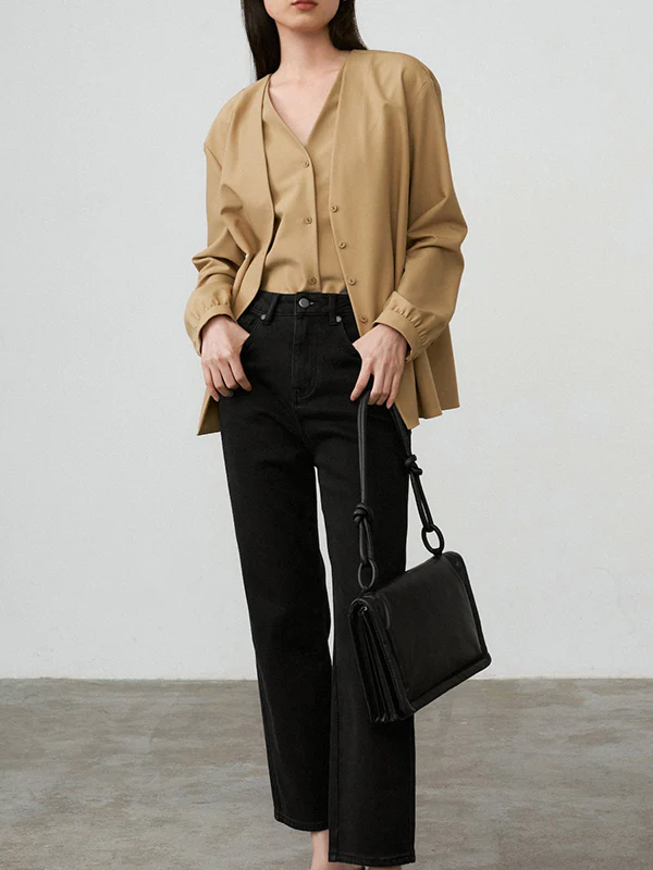 False Two Long Sleeves Buttoned Solid Color V-Neck Blouses&Shirts Tops - Image 9