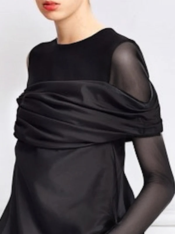 False Two Long Sleeves See-Through Solid Color Round-Neck T-Shirts Tops - Image 3