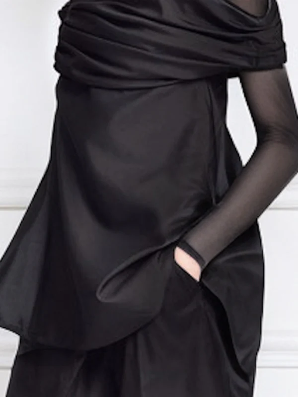 False Two Long Sleeves See-Through Solid Color Round-Neck T-Shirts Tops - Image 4