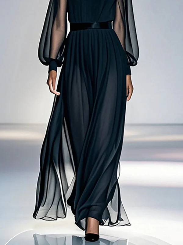 False Two Loose Gauze Pleated See-Through Round-Neck Maxi Dresses - Image 3