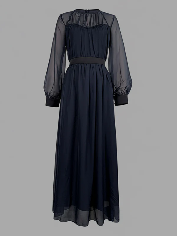 False Two Loose Gauze Pleated See-Through Round-Neck Maxi Dresses - Image 4