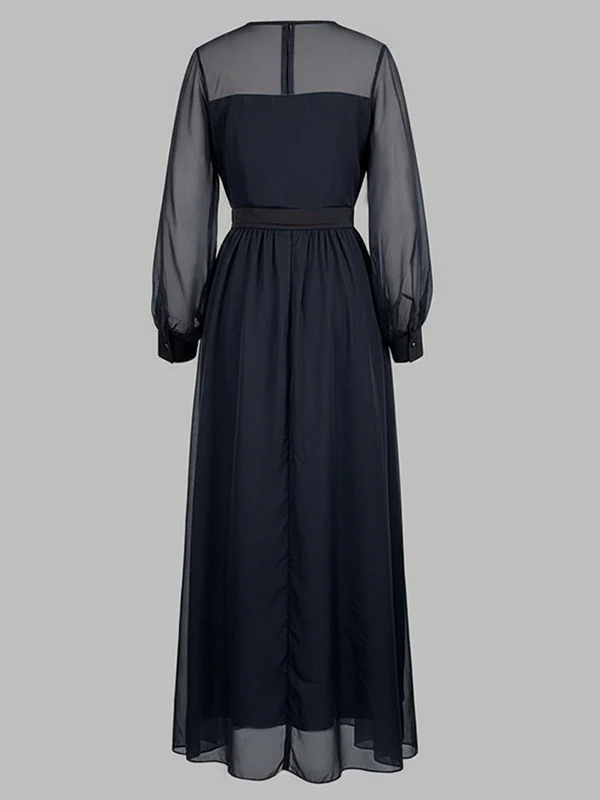 False Two Loose Gauze Pleated See-Through Round-Neck Maxi Dresses - Image 5
