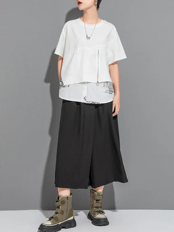 False Two Loose Printing Split-Joint Round-Neck T-Shirts Tops - Image 10
