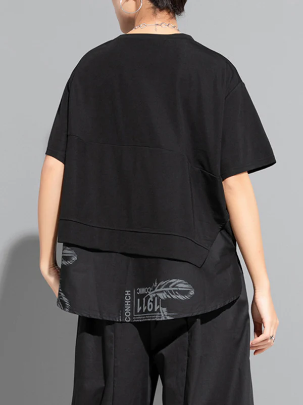 False Two Loose Printing Split-Joint Round-Neck T-Shirts Tops - Image 11