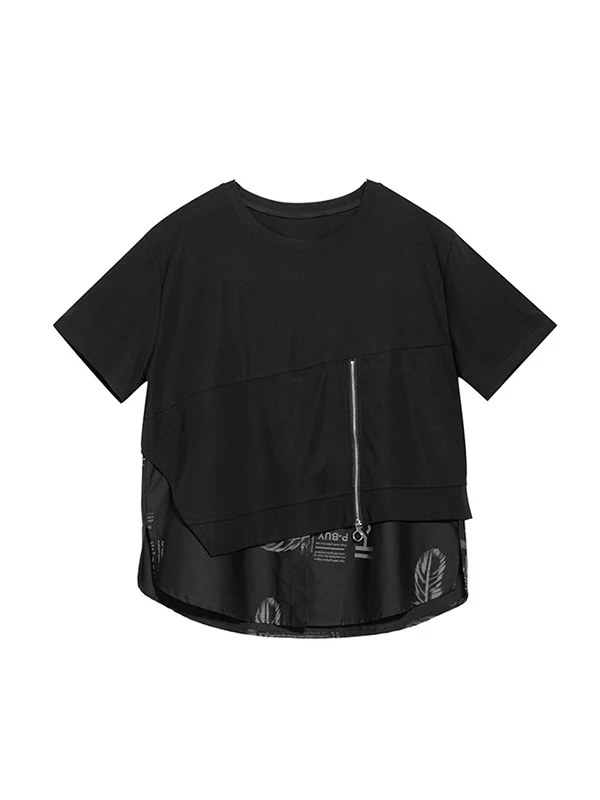 False Two Loose Printing Split-Joint Round-Neck T-Shirts Tops - Image 12