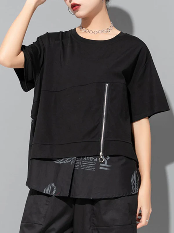 False Two Loose Printing Split-Joint Round-Neck T-Shirts Tops - Image 2