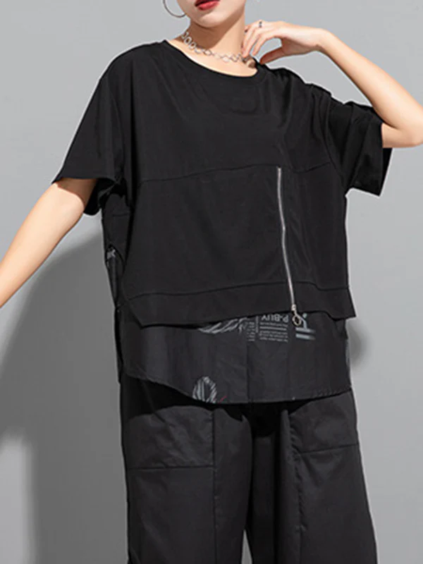 False Two Loose Printing Split-Joint Round-Neck T-Shirts Tops - Image 3