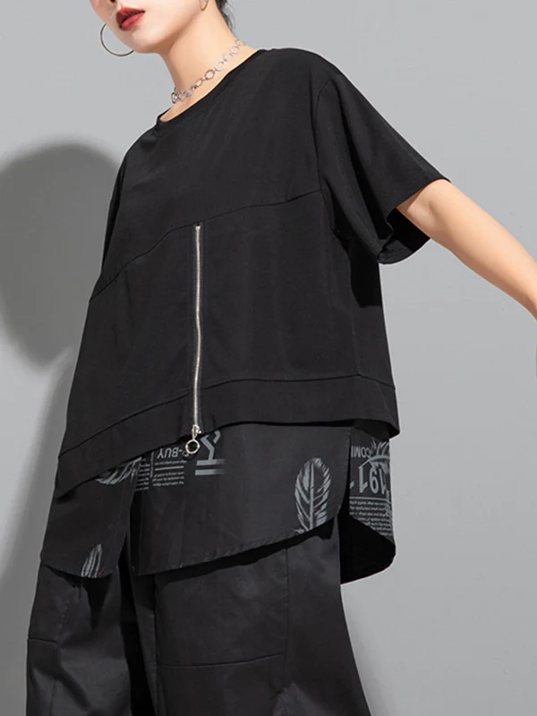 False Two Loose Printing Split-Joint Round-Neck T-Shirts Tops - Image 4