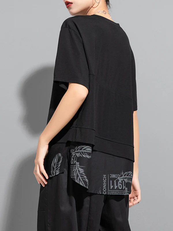 False Two Loose Printing Split-Joint Round-Neck T-Shirts Tops - Image 5