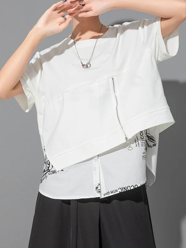 False Two Loose Printing Split-Joint Round-Neck T-Shirts Tops - Image 6
