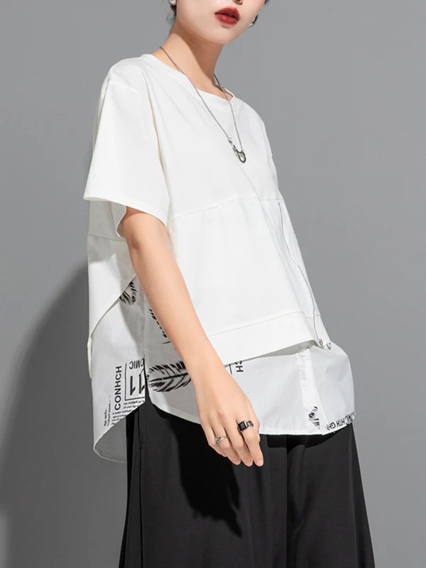 False Two Loose Printing Split-Joint Round-Neck T-Shirts Tops - Image 7