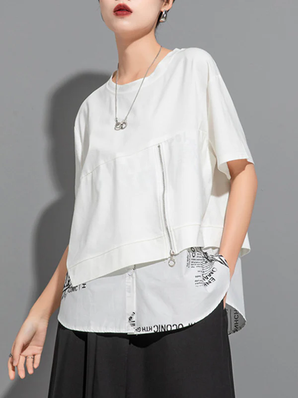 False Two Loose Printing Split-Joint Round-Neck T-Shirts Tops - Image 8