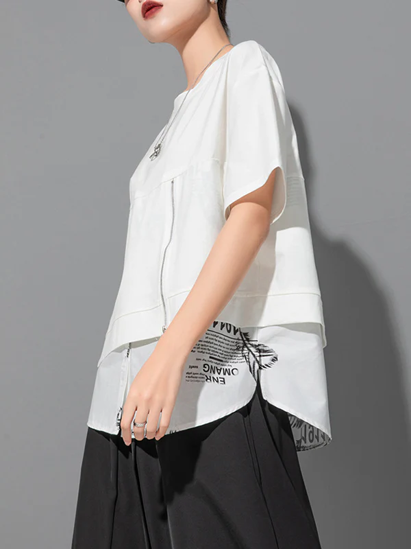 False Two Loose Printing Split-Joint Round-Neck T-Shirts Tops - Image 9