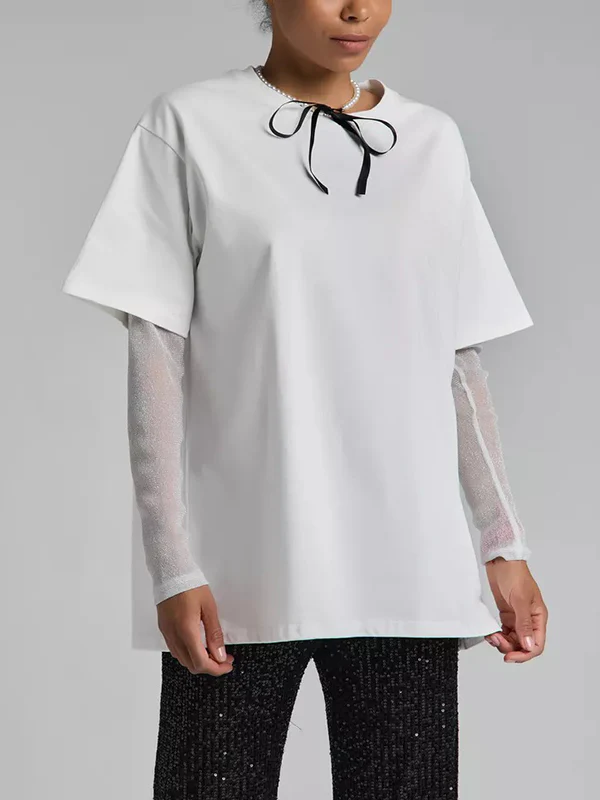 False Two Loose See-Through Split-Joint Sun Protection Round-Neck T-Shirts - Image 3