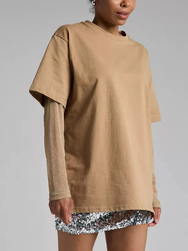 False Two Loose See-Through Split-Joint Sun Protection Round-Neck T-Shirts - Image 5
