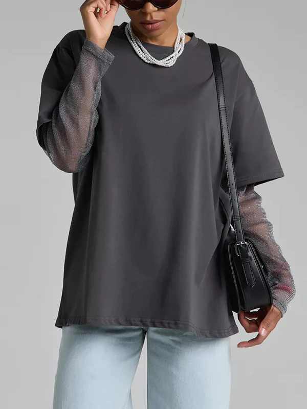False Two Loose See-Through Split-Joint Sun Protection Round-Neck T-Shirts - Image 6