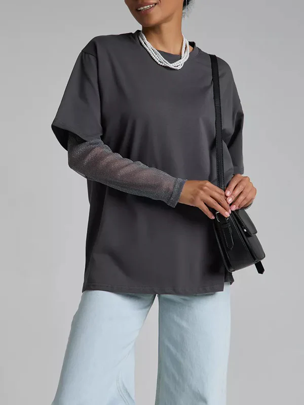 False Two Loose See-Through Split-Joint Sun Protection Round-Neck T-Shirts - Image 7