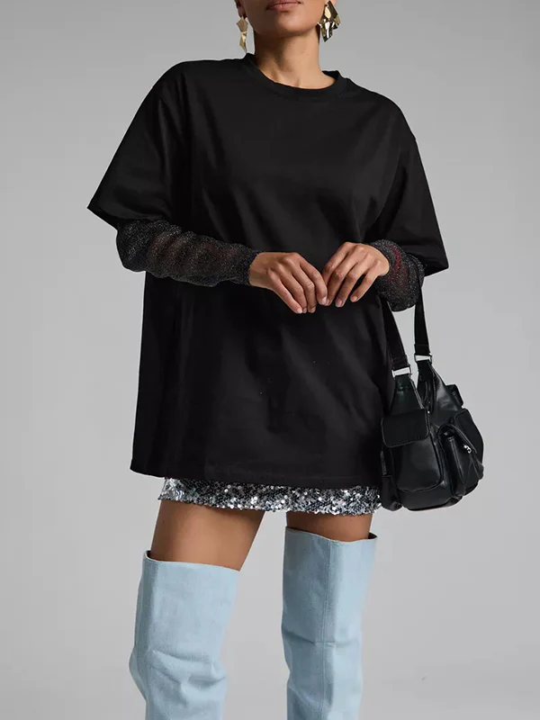 False Two Loose See-Through Split-Joint Sun Protection Round-Neck T-Shirts - Image 8