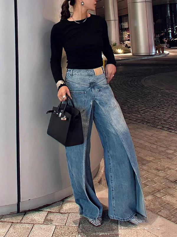 False Two Wide Leg Pockets Reversible Jean Pants Bottoms - Image 10