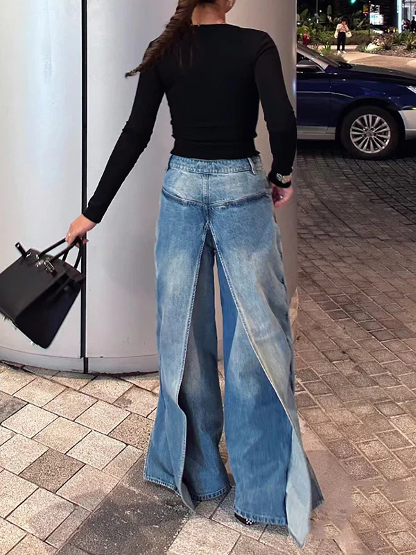 False Two Wide Leg Pockets Reversible Jean Pants Bottoms - Image 11