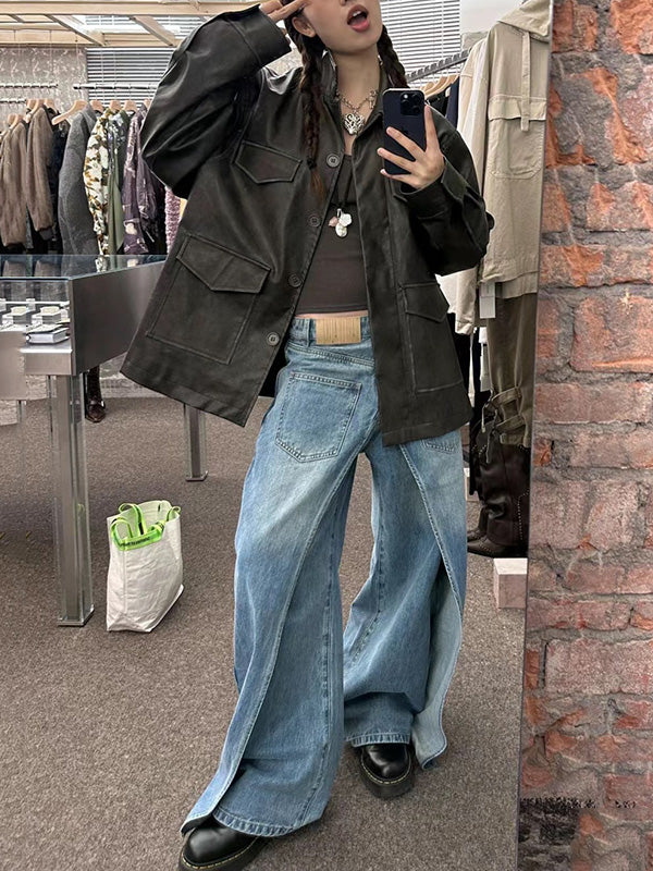 False Two Wide Leg Pockets Reversible Jean Pants Bottoms - Image 12