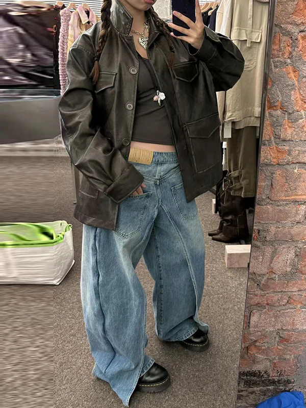 False Two Wide Leg Pockets Reversible Jean Pants Bottoms - Image 13