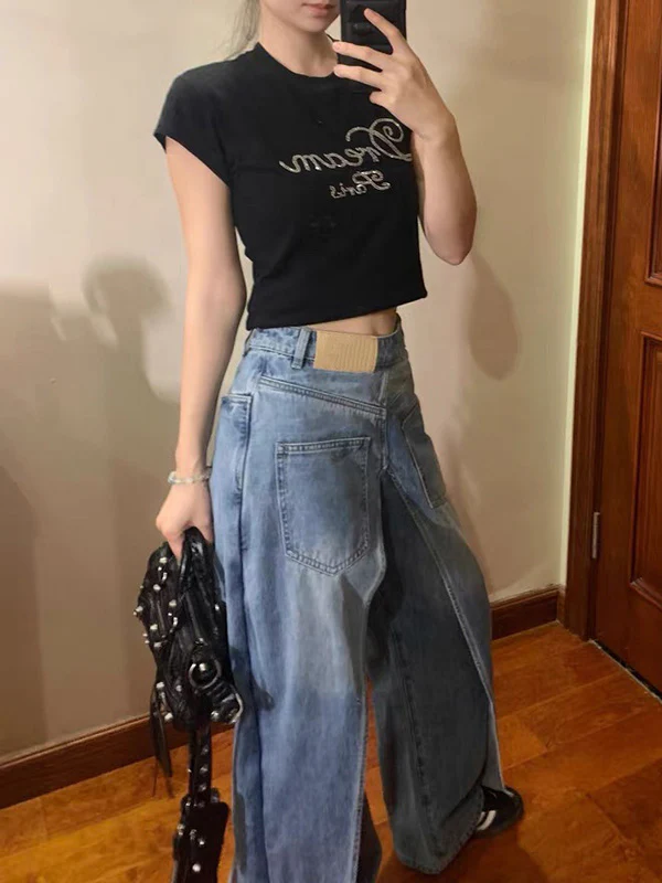 False Two Wide Leg Pockets Reversible Jean Pants Bottoms - Image 15