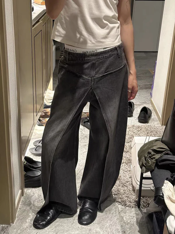 False Two Wide Leg Pockets Reversible Jean Pants Bottoms - Image 2