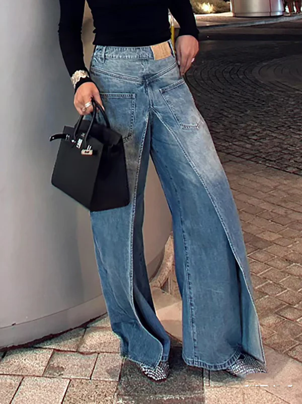 False Two Wide Leg Pockets Reversible Jean Pants Bottoms - Image 5