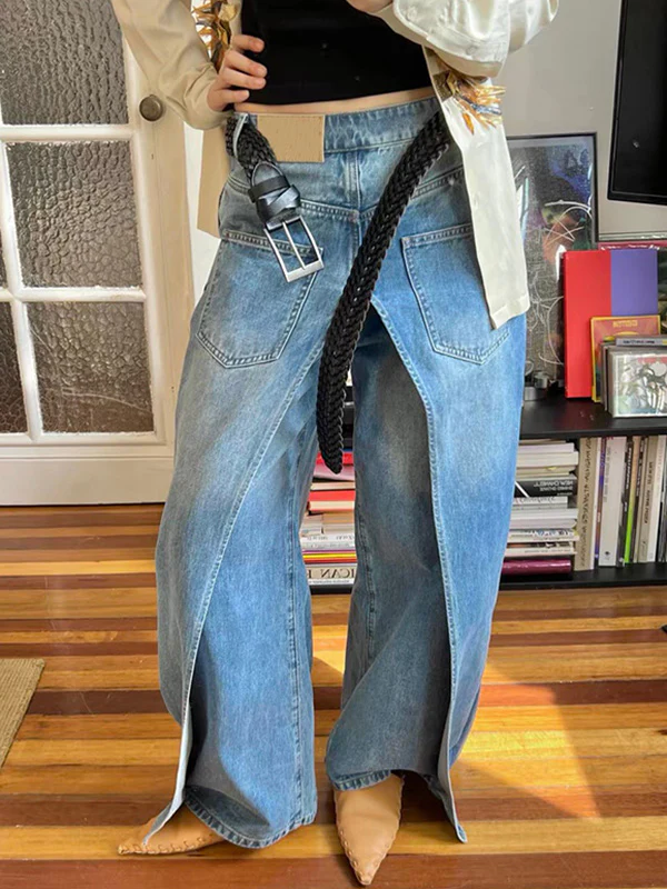 False Two Wide Leg Pockets Reversible Jean Pants Bottoms - Image 6
