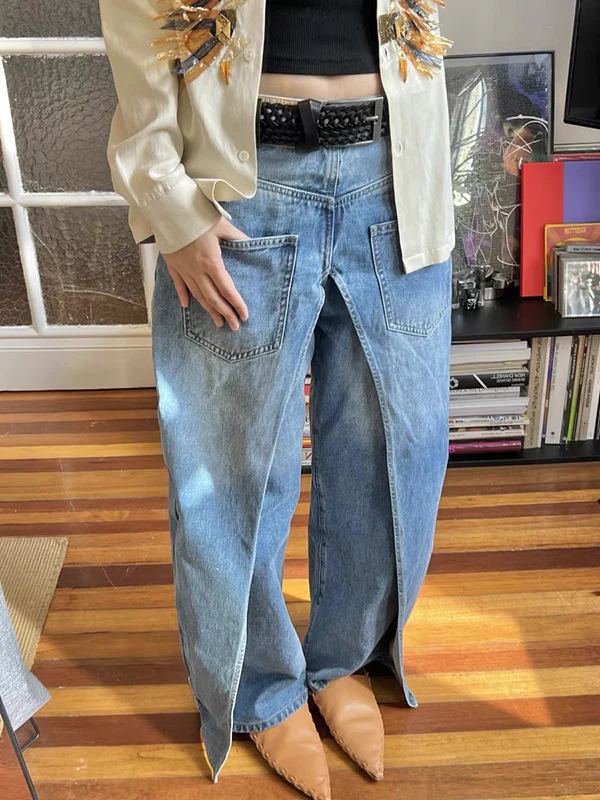 False Two Wide Leg Pockets Reversible Jean Pants Bottoms - Image 7