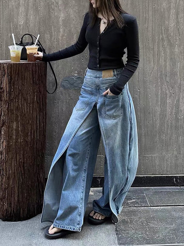 False Two Wide Leg Pockets Reversible Jean Pants Bottoms - Image 8
