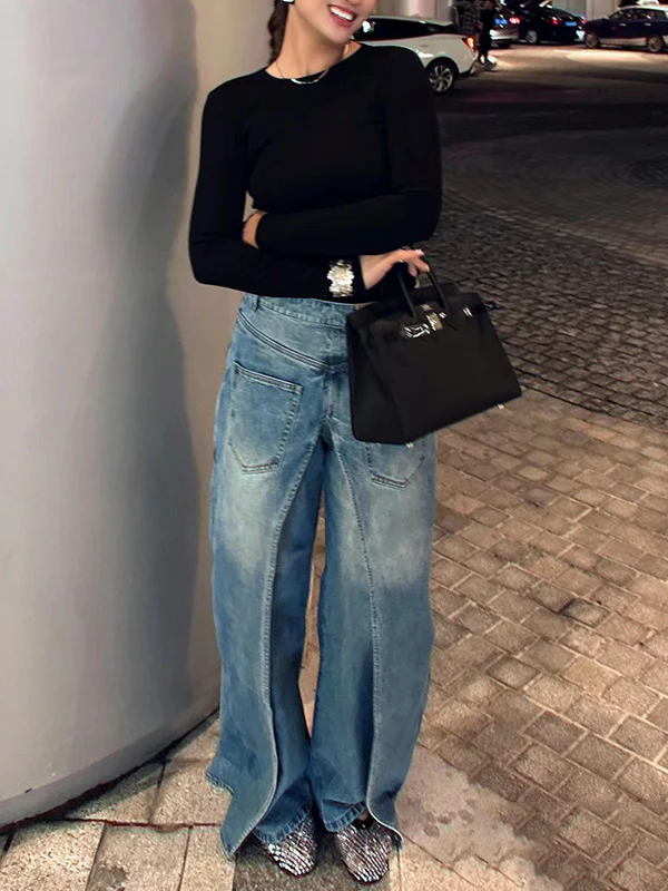 False Two Wide Leg Pockets Reversible Jean Pants Bottoms - Image 9