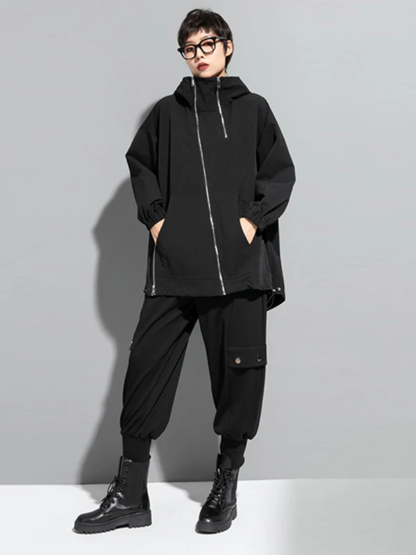 Fashion Irregularity Loose Solid Color Zipper Hooded Outerwear - Image 11