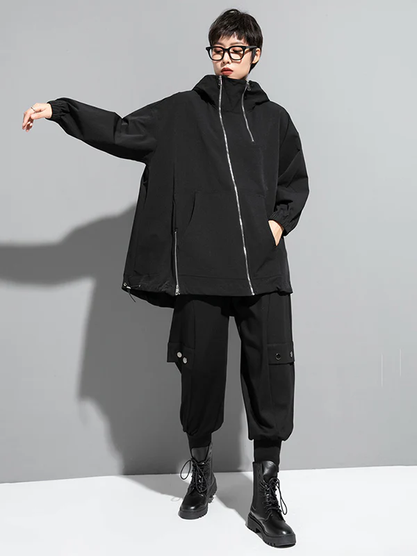 Fashion Irregularity Loose Solid Color Zipper Hooded Outerwear - Image 12