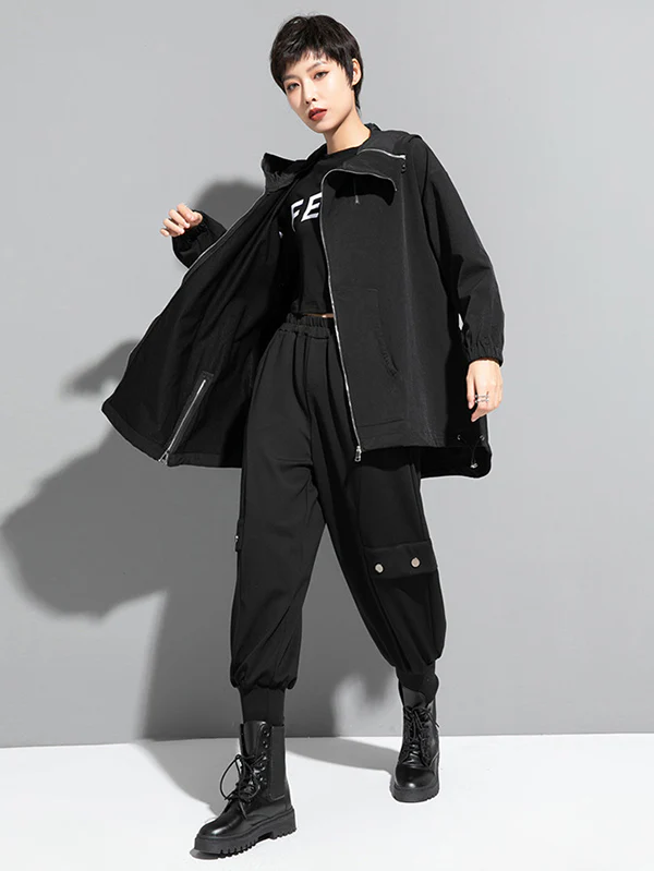 Fashion Irregularity Loose Solid Color Zipper Hooded Outerwear - Image 13